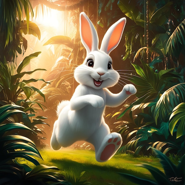 a rabbit running in the jungle with the words bunny on the back