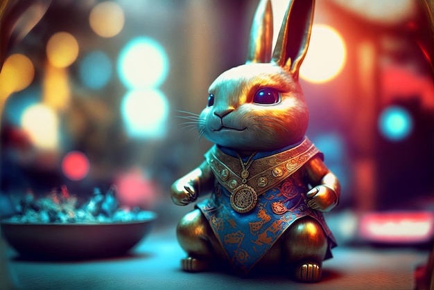 Rabbit samurai golden minifigure Japanese styled figure of meditating hare in kimono Generated AI