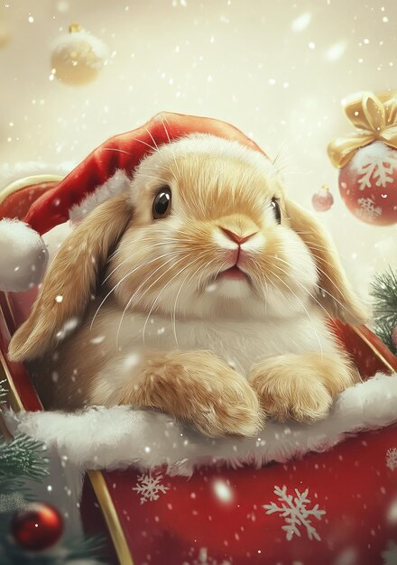 a rabbit in a santa hat is in a santa hat