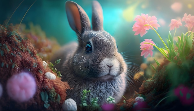 A rabbit in a sea of flowers