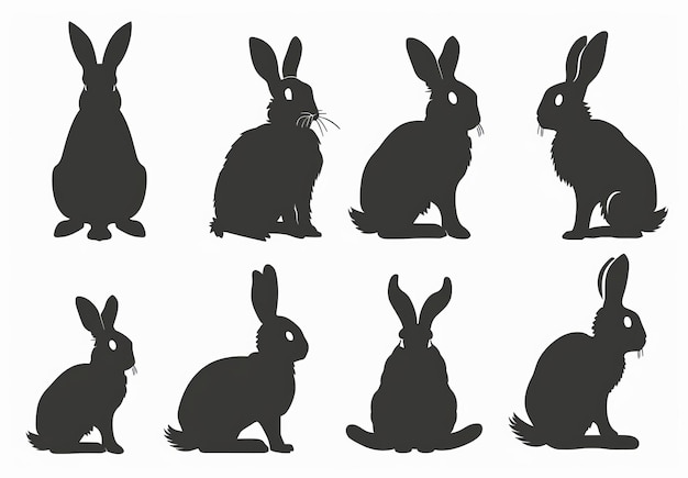 Photo rabbit silhouettes in various poses easter bunny black and white illustration