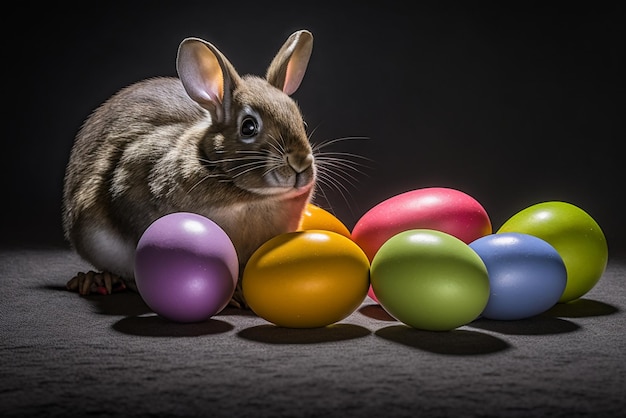 A rabbit sits among colorful Easter eggs