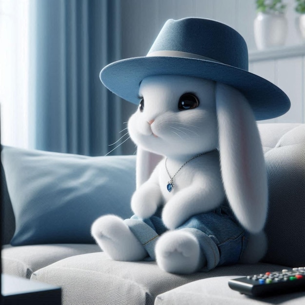 a rabbit sits on a couch with a blue hat on