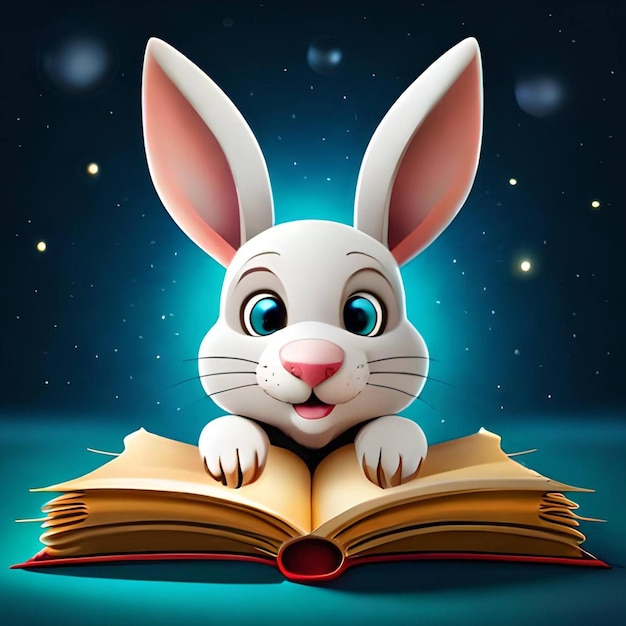 A rabbit sits at a desk in a forest at Mid night with books and a book