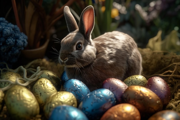 A rabbit sits among easter eggs in a basket