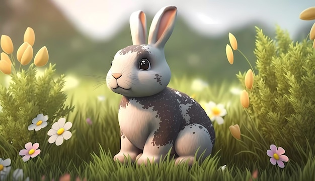 A rabbit sits in a field of flowers.