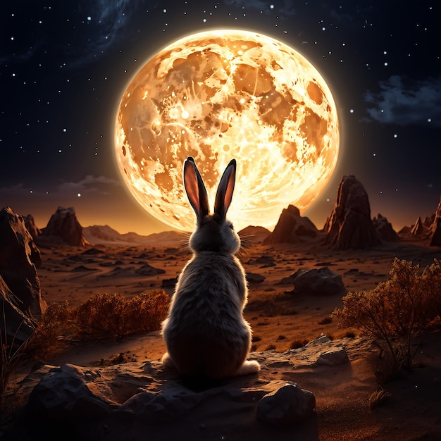 a rabbit sits in front of a full moon