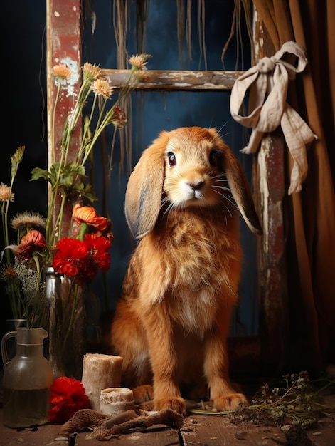 a rabbit sits in front of a vase of flowers