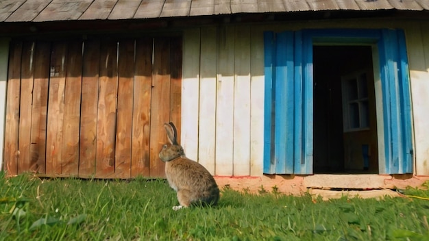 a rabbit sits in front of a wooden fence with a blue door