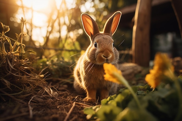 A rabbit sits in the grass in a clearing