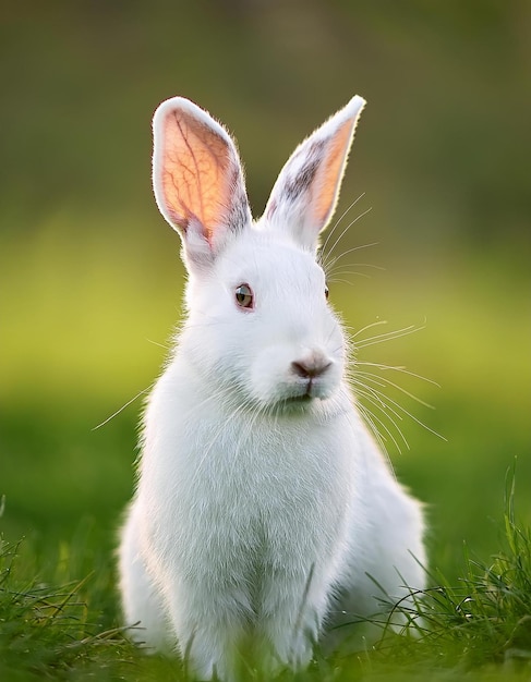 a rabbit sits in the grass with a blurred background