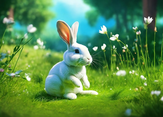 a rabbit sits in the grass with daisies in the background