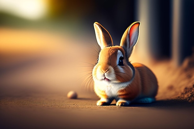 A rabbit sits on the ground in front of a blurred background.