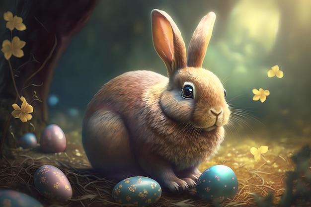 A rabbit sits in a nest with easter eggs.