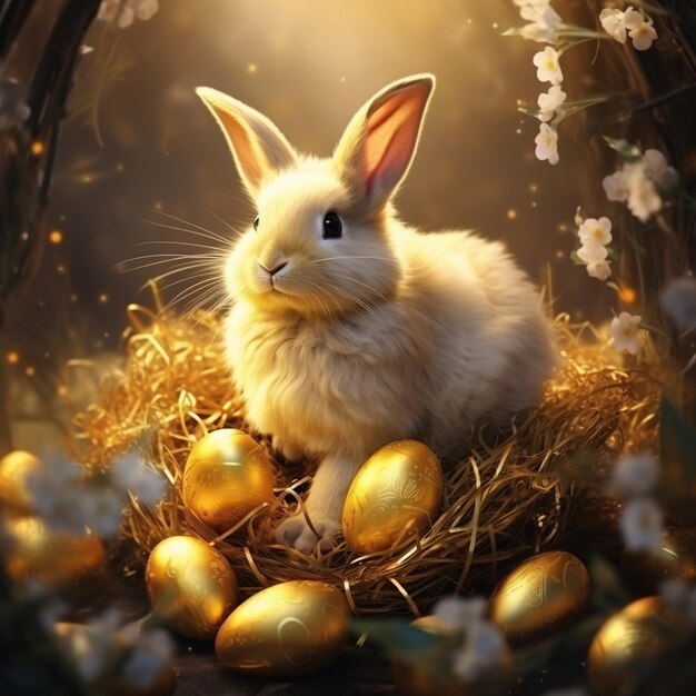 a rabbit sits in a nest with eggs and flowers