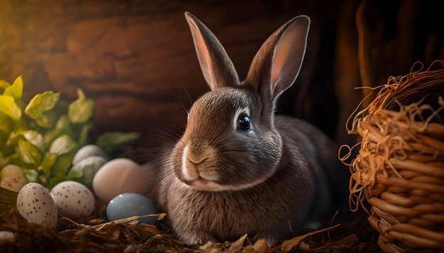 A rabbit sits in a nest with the words happy easter on the bottom.