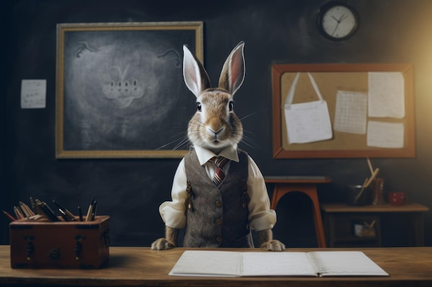 a rabbit sits at a table as a teacher in the style of surreal storytelling