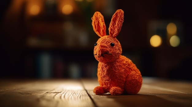 A rabbit sits on a table with a lit up background