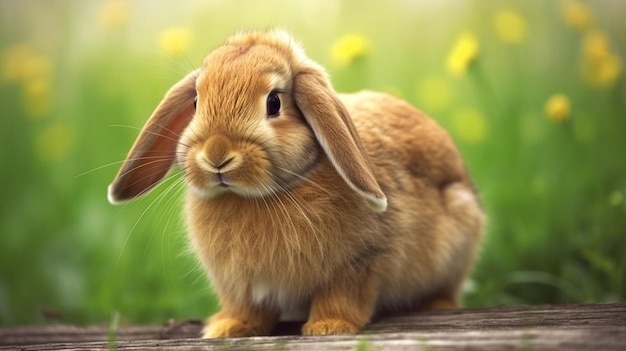 A rabbit sits on a wooden bench in a field of flowers.