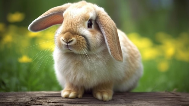 A rabbit sits on a wooden fence in the garden.