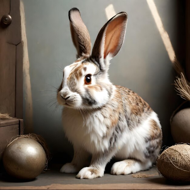 a rabbit sits on a wooden shelf in a room with a window in the background