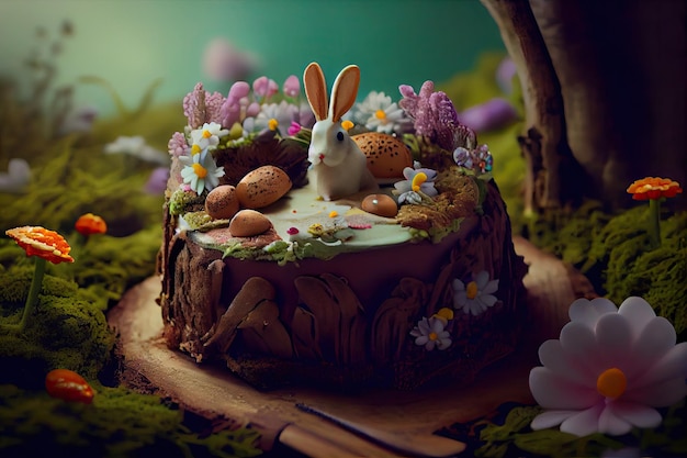 Rabbit sitting on an Easter cake in the forest Generative AI