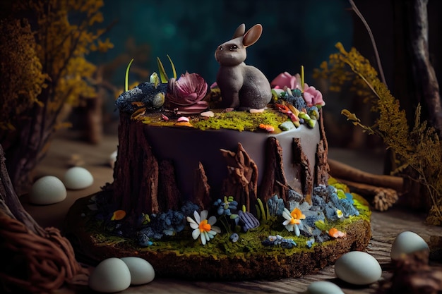 Rabbit sitting on an Easter cake in the forest Generative AI