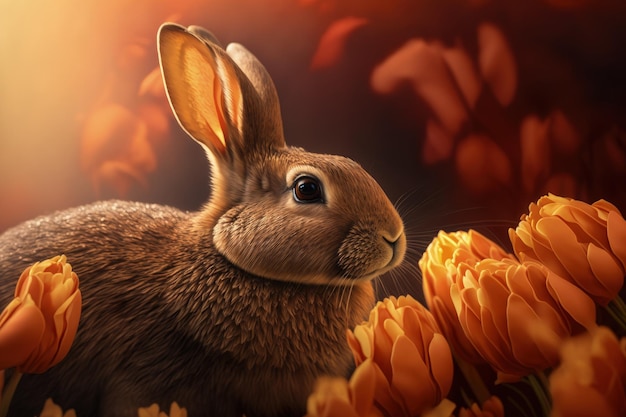 A rabbit sitting in a field of flowers generative AI