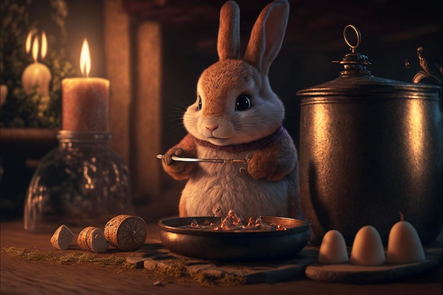 Rabbit sitting in front of a bowl of food generative ai