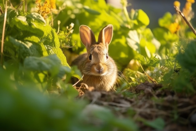 a rabbit sitting in the grass with flowers