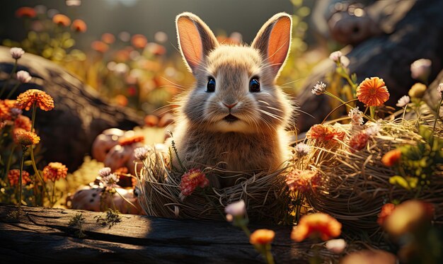 Rabbit sitting in a nest with flowers and a bird in the background.