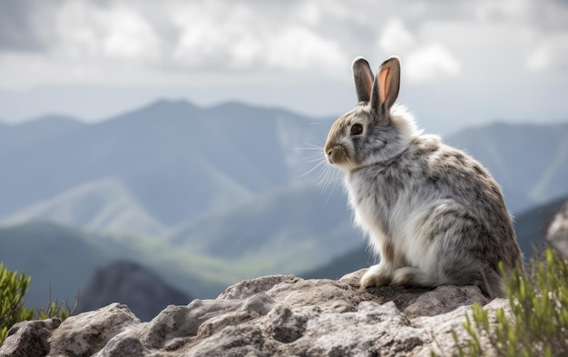 Rabbit sitting on the peak stone rocky mountain Generative AI