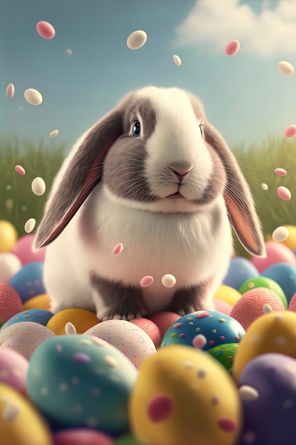 Rabbit sitting in a pile of colorful easter eggs