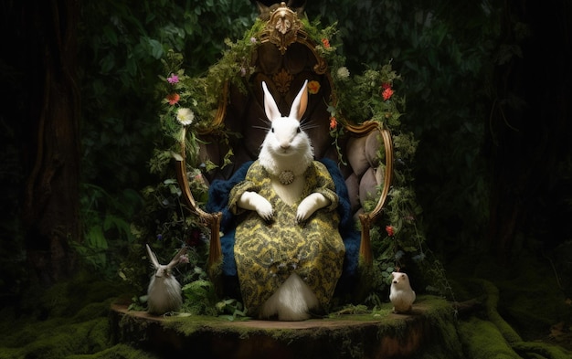 A rabbit sitting on a royal throne the background is a forest Generative AI