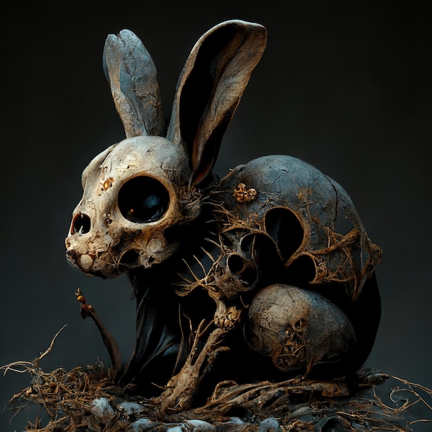 A rabbit skeleton is sitting on in a dark background