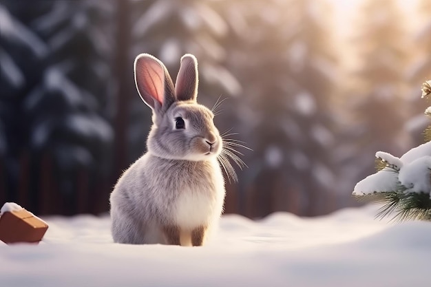 a rabbit in the snow with a pine tree in the background