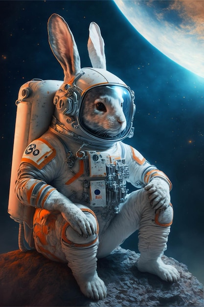 Rabbit in a space suit sitting on a rock generative ai