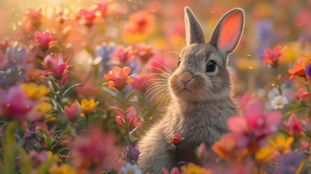 Rabbit and spring flowers Easter Bunny on blooming meadow