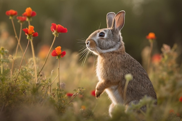 A rabbit standing in a field of flowers Generative AI