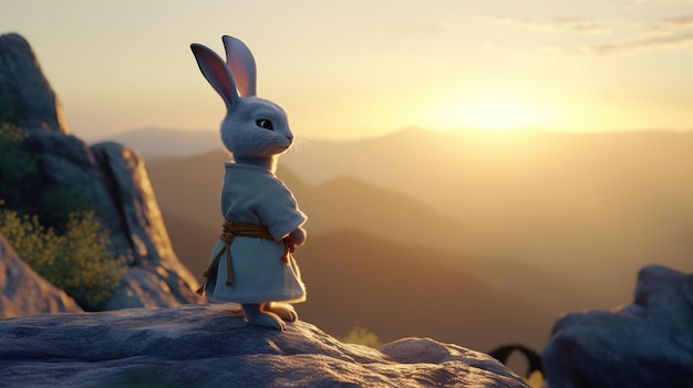 A rabbit standing on a rock in front of a sunset