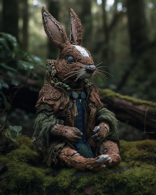 A rabbit statue sits on a mossy forest floor.