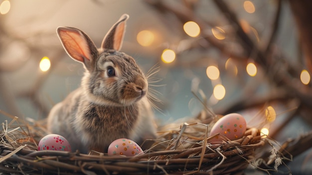 rabbit in studio outfit with easter eggs promotional photo cinematic style bright light photograph