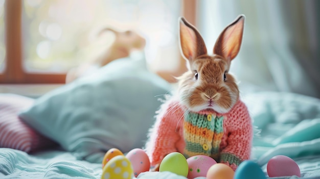 rabbit in studio outfit with easter eggs promotional photo cinematic style bright light photograph