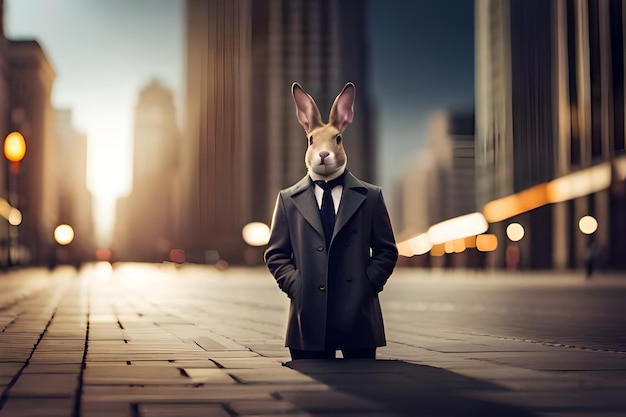 a rabbit in a suit stands on a street with a man in a suit and tie.