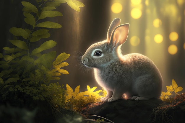 Rabbit symbol of Chinese new year is sitting in forest grass Magical fairytale forest rabbit in green vegetation closeup 3d illustration