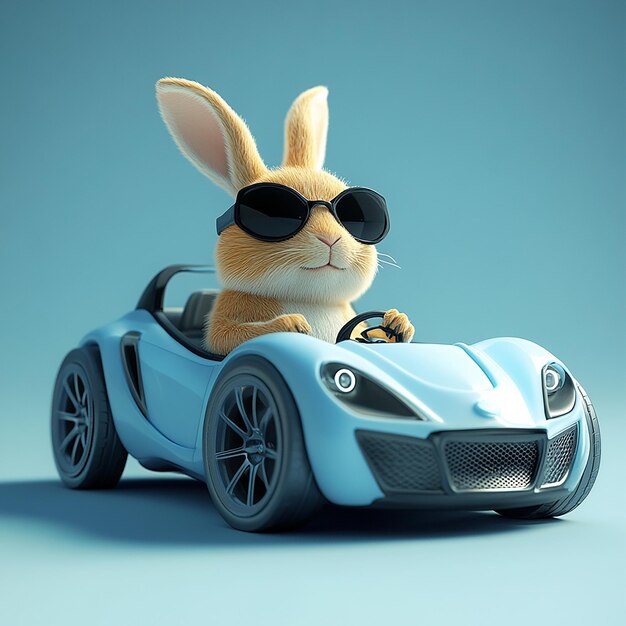 Photo a rabbit in a toy car with sunglasses on it