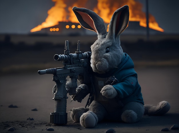 Rabbit toy with machine gun at war generated by AI