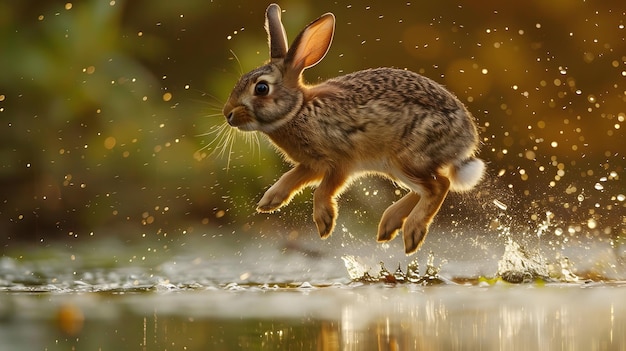 a rabbit in the water with a splash of water in the background