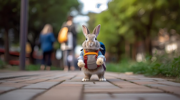 A rabbit wearing a backpack stands on a brick path in a park.