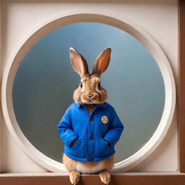 Photo a rabbit wearing a blue jacket with a pin on it